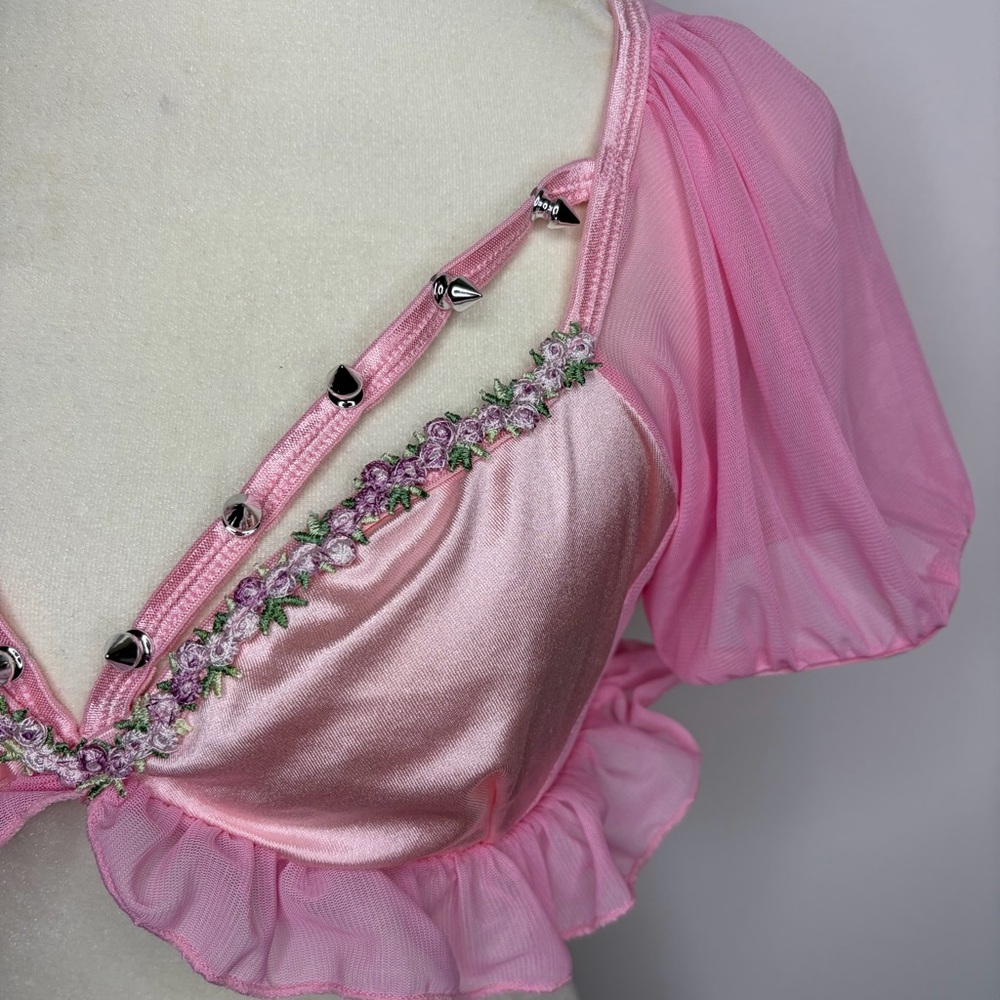 Sugar Thrillz Pink Satin & Chiffon Cropped Babydoll Top - Picture 2 of 4